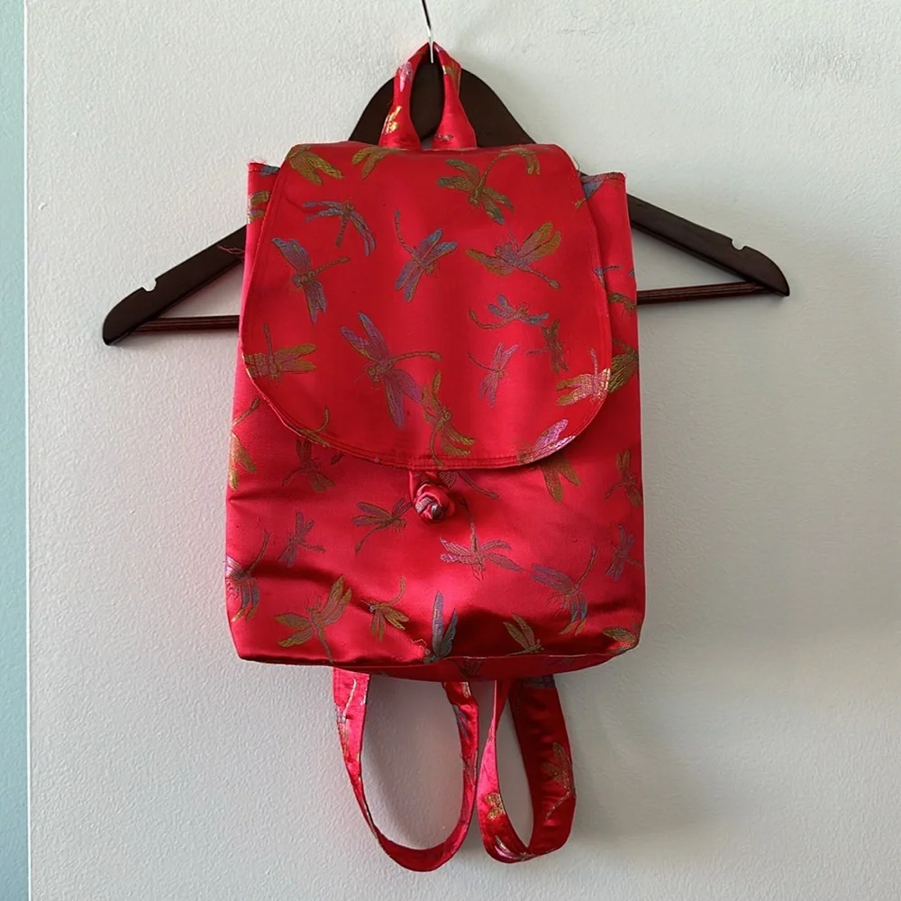 Vintage Y2K red jacquard satin dragonfly backpack bag